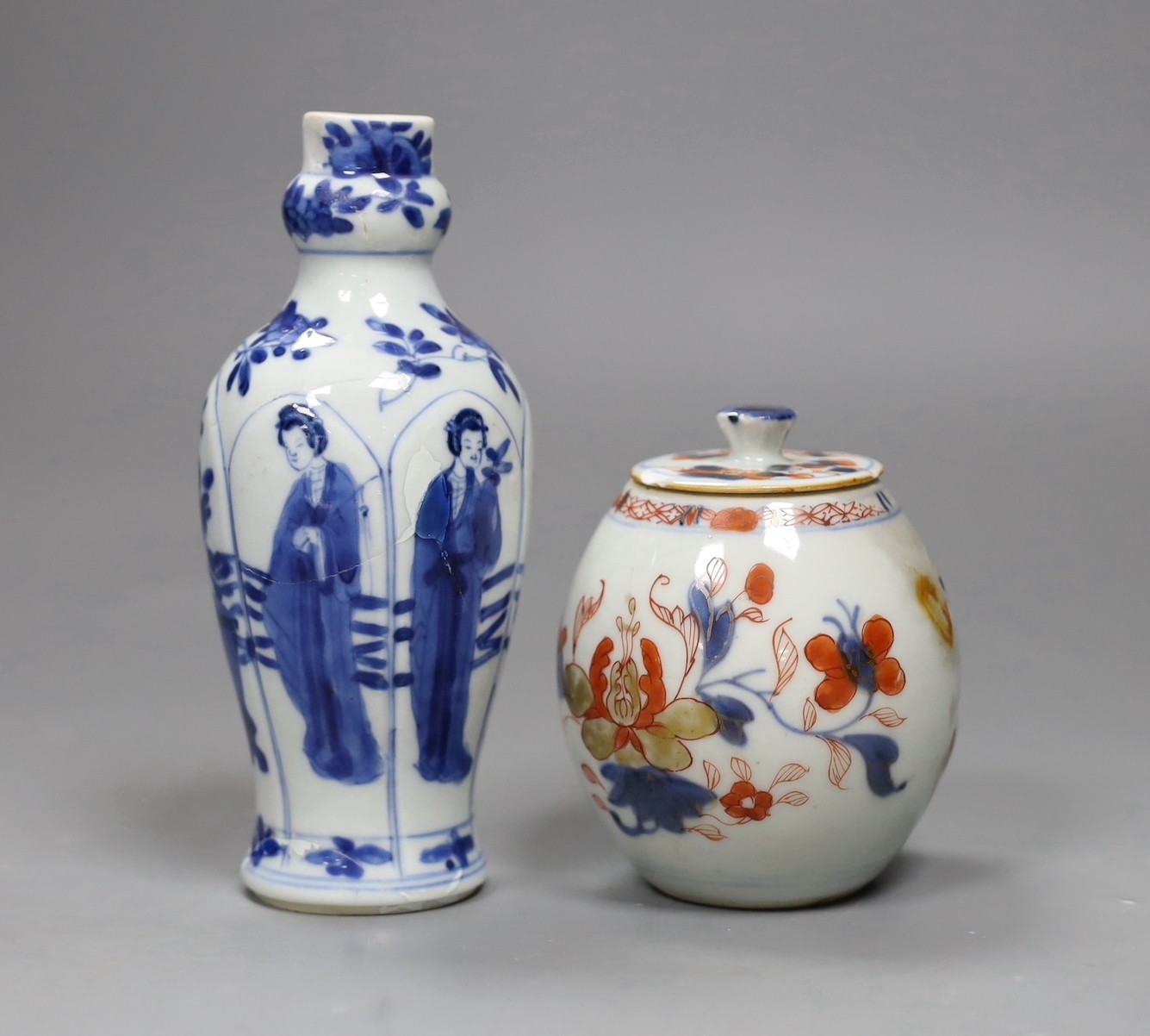 A Chinese Kangxi blue and white small vase, 15cm tall, and an 18th century Chinese Imari pot and cover